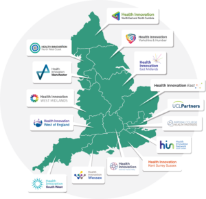 Map of England showing the locations of the 15 regional Health Innovation Networks with their individual logos