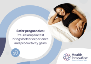 Pregnant black woman with hand on stomach. Text says Safer pregnanncies: Pre-eclampsia test brings better experience and productivity gains