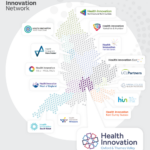 Health Innovation Network map of England showing 15 organisations with their logos and indicating their location. Oxford and Thames Valley logo bigger than the others