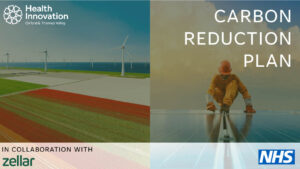 Two images showing wind turbines and worker fitting solar panels. Text says Carbon Reduction Plan in collaboration with Zellar. Logos of NHS and Health Innovation Oxford and Thames Valley