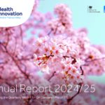 Pink spring blossom, blue sky. Text says Annual Report 2024/25 Incorporating quarterly report for Q4 January to March 2025. With logos of Health Innovation Oxford and Thames Valley, Office for Life Sciences and NHS.