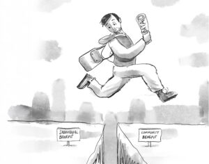 Man holding rolled up paper stating DATA jumps over chasm. Sign on one side says Individual benefit. Sign on the other side says Community benefit