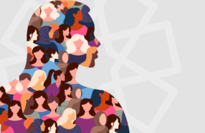 Silhouette of a person filled with diverse, colorful illustrations of people, symbolizing unity and diversity, set against a light geometric background.