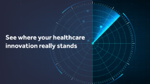 A radar screen glows on a dark blue background. White text reads: "See where your healthcare innovation really stands."
