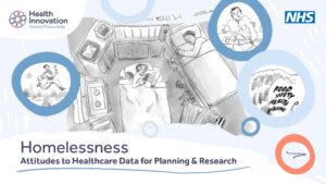 Homelessness Attitudes to Healthcare Data for Planning and Research. Four black and white images taken from the report. Logos of NHS and Health Innovation Oxford and Thames Valley