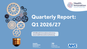 Light bulb shape made up of connecting cogs. Text says quarterly report Q1 2026/27. Logos of Health Innovation Oxford and Thames Valley, Health Innovation Network, Office for Life Sciences and NHS. Info at health innovation oxford dot org www dot health innovation oxford dot org