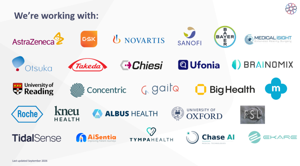 Companies we’re working with, last updated September 2026
Astra Zeneca, GSK, Novartis, Sanofi, Bayer, Medical iSight, Otsuka, Takeda, Chiesi,, Ufonia, Brainomix, University of Reading, Concentric, GaitQ, Big Health, my mhealth, Roche, Kneu Health, Albus Health, University of Oxford, FSL, TidalSense, AI Sentia, TympaHealth, Chase AI, EKARE